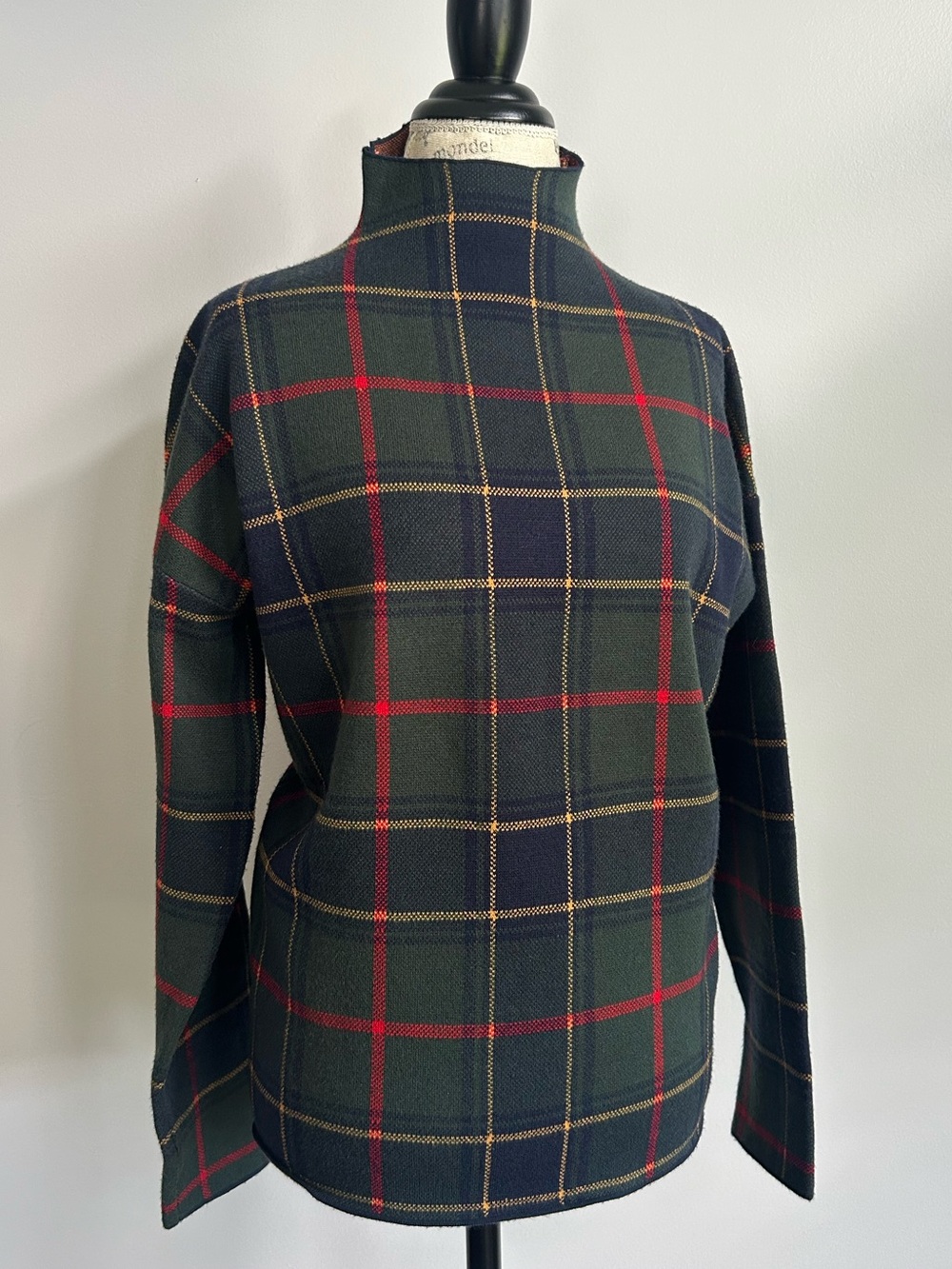 Tahari Tartan Plaid Knit Sweater Navy Blue Green Mock Neck Preppy  Large